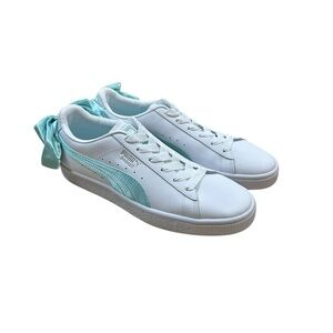 PUMA Women’s Basket Bow Jr Island Paradise White Sneakers with Mint Bow Accent